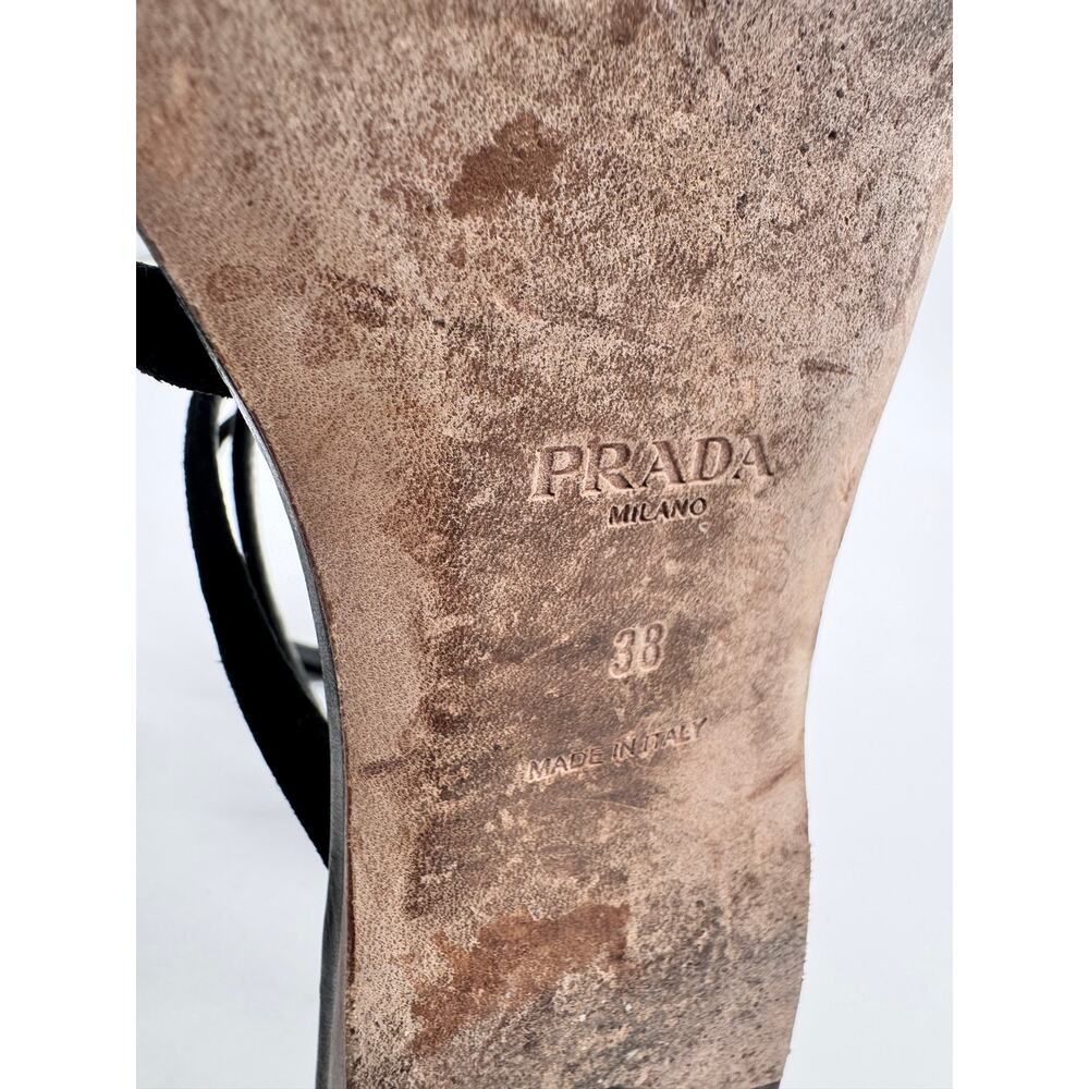 Prada Black Leather T Strap Flat Sandals Ruffled Trim Ankle Buckle EU 38 - Picture 5 of 12